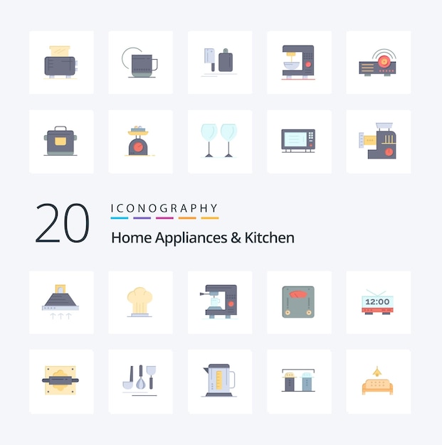 20 Electrodomésticos y cocina Paquete de iconos de color plano como servicio máquina de té de sombrero caliente