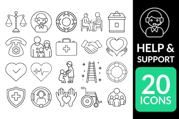 20 elegantes iconos de ayuda y apoyo con diseños de arte de línea para atención médica y servicios de ayuda