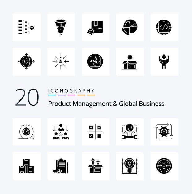 20 Gestión de productos y negocios globales Paquete de iconos de glifos sólidos como producto de desarrollo de distribución de ingeniería de pirateo