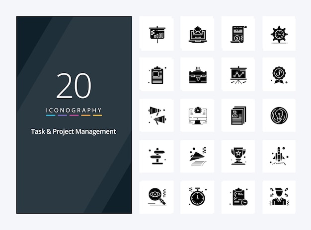 20 Gestión de tareas y proyectos Icono de glifo sólido para presentación Ilustración de iconos vectoriales