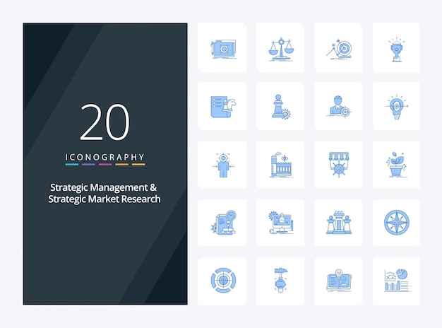 20 Icono de color azul de gestión estratégica e investigación de mercado estratégico para presentación Ilustración de iconos vectoriales