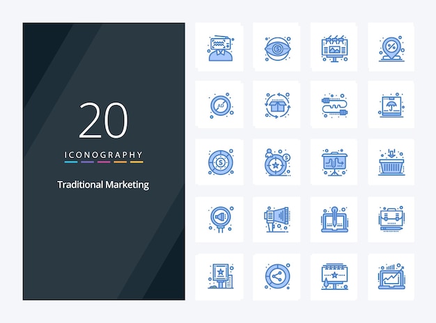 20 Icono de color azul de marketing tradicional para presentación Ilustración de iconos vectoriales