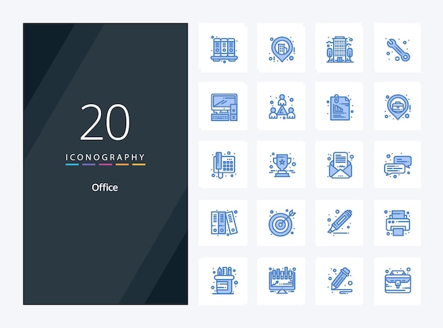 20 icono de color azul de oficina para presentación