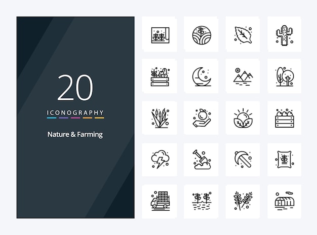 20 Icono de esquema de naturaleza y agricultura para presentación Ilustración de iconos de línea vectorial