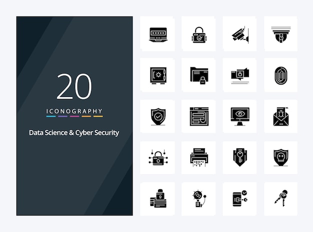 20 Icono de glifo sólido de ciencia de datos y seguridad cibernética para presentación