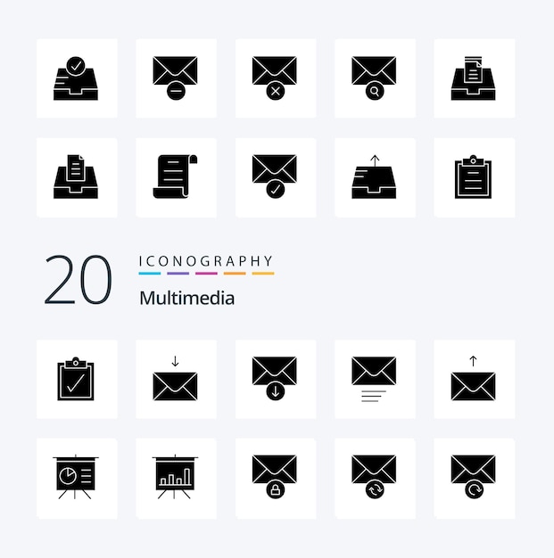20 Icono de glifo sólido multimedia Paquete como mensaje de correo de análisis de mensajes de correo