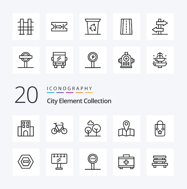 20 Icono de línea de colección de elementos de ciudad Pack como mapa bicicleta árbol ciprés