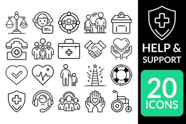 20 Iconos de ayuda y apoyo de arte de línea con temas de atención médica y asistencia en el diseño del esquema