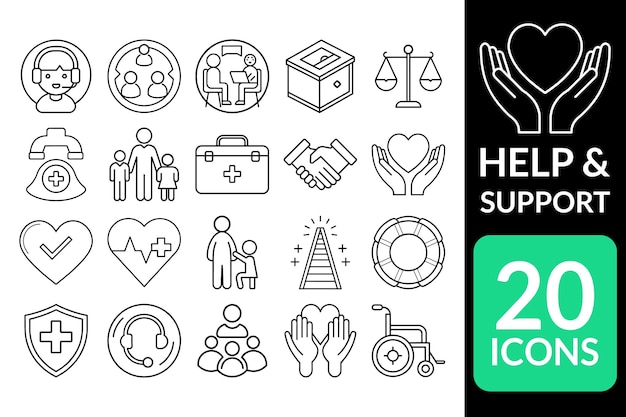 20 Iconos de ayuda y apoyo de Line Art con enfoque en ayuda médica, salud y asistencia de atención