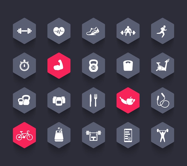 20 iconos de fitness, gimnasio, deporte, entrenamiento, entrenamiento, pictogramas, conjunto de iconos hexagonales, ilustración vectorial