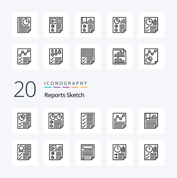 20 Informes Icono de línea de boceto Paquete como página documento dos página de datos