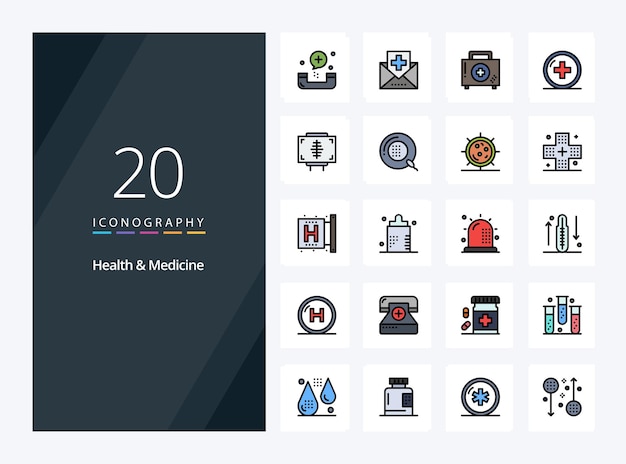 20 Línea de medicina de la salud Icono relleno para presentación