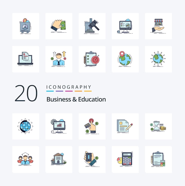 20 Línea de negocios y educación Paquete de iconos de color relleno como página documento web pago web