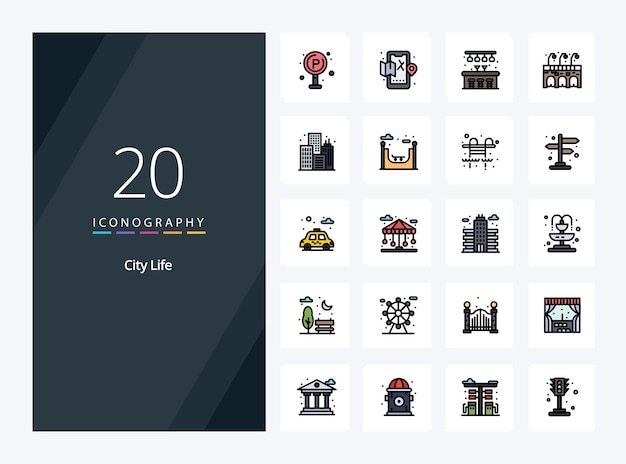 20 línea de vida de la ciudad icono lleno para la presentación ilustración de iconos vectoriales