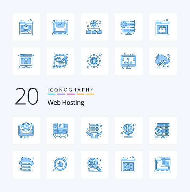 20 Paquete de iconos de color azul de alojamiento web como administrador de mantenimiento servidor de alojamiento de Internet Internet
