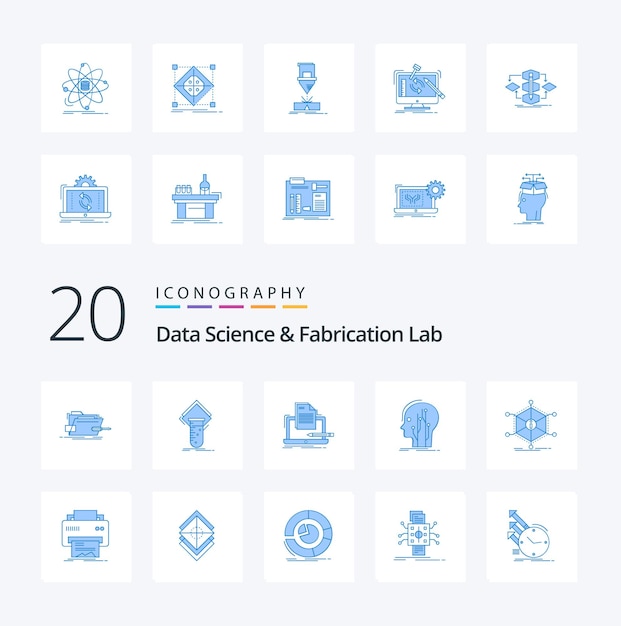 20 Paquete de iconos de color azul de laboratorio de fabricación y ciencia de datos como computadora de papel de prueba de datos humanos