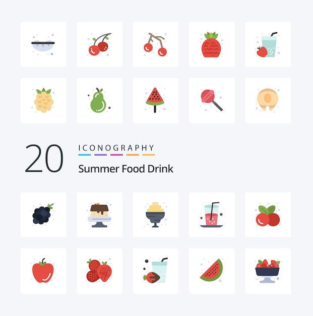 20 Paquete de iconos de color plano de bebida de comida de verano como bebida de jugo de cóctel de cerezas de frutas