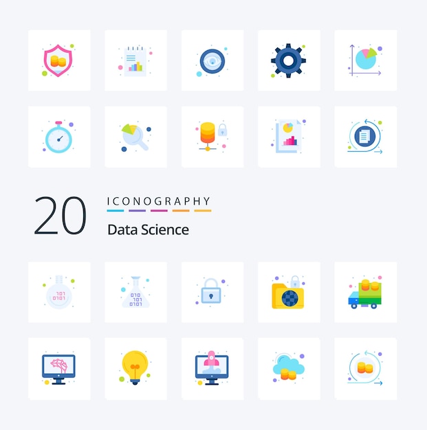 20 Paquete de iconos de color plano de ciencia de datos como infraestructura de big data bloquea datos globales