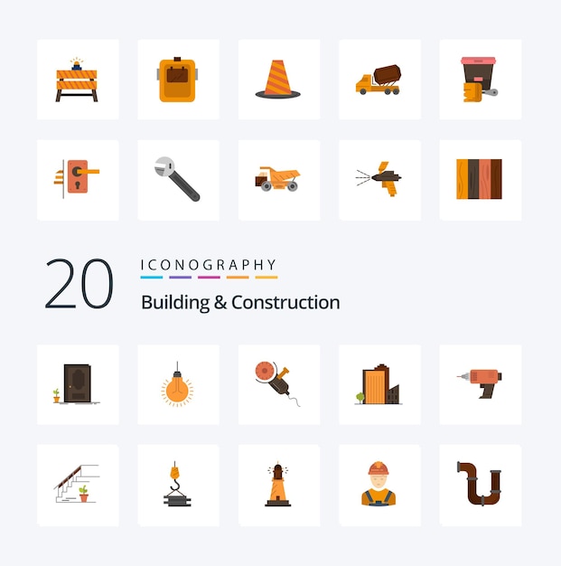 20 Paquete de iconos de color plano de construcción y construcción como herramienta de construcción de sugerencia de construcción de torre