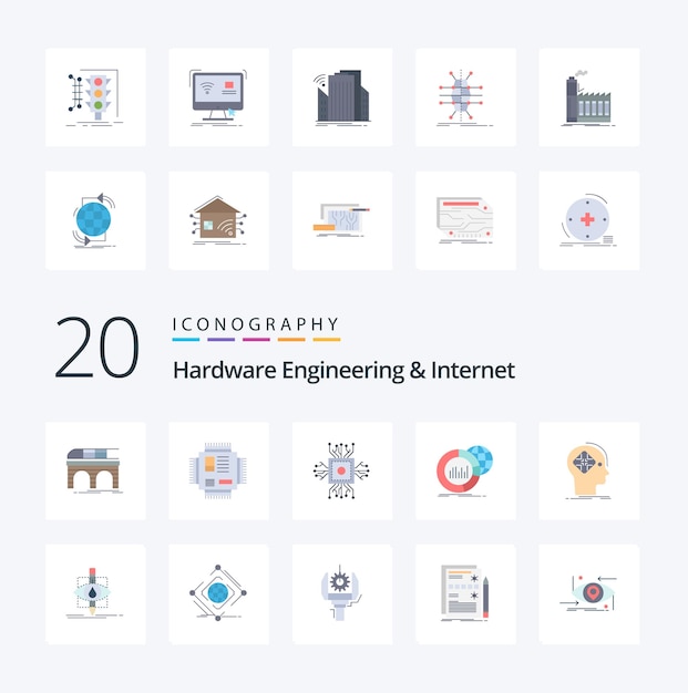 20 paquete de iconos de color plano de ingeniería de hardware e Internet como futuros datos infográficos de procesadores avanzados