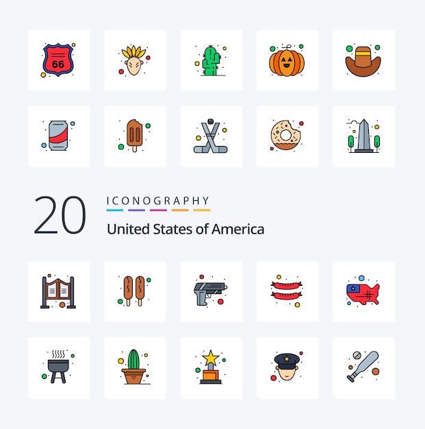 20 Paquete de iconos de color relleno de línea de EE. UU. como mapa de seguridad de los estados de EE. UU. frankfurter