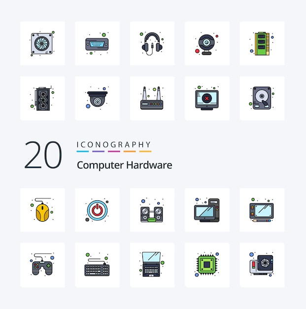 20 Paquete de iconos de color relleno de línea de hardware de computadora como teclado de control sketch hardware de pluma de música
