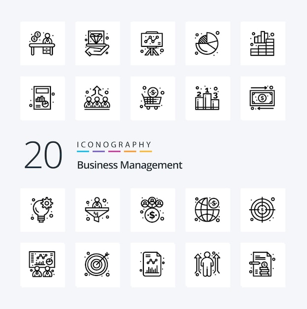 20 Paquete de iconos de línea de gestión empresarial como negocio objetivo finanzas en dólares