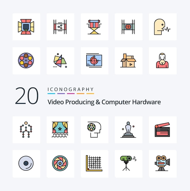 20 Producción de video y línea de hardware de computadora Paquete de iconos de color relleno como el trabajo del personal de desempeño de la academia oscar