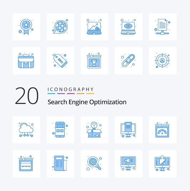 20 Seo Blue Color icon Pack como página paquete rápido seo marketing