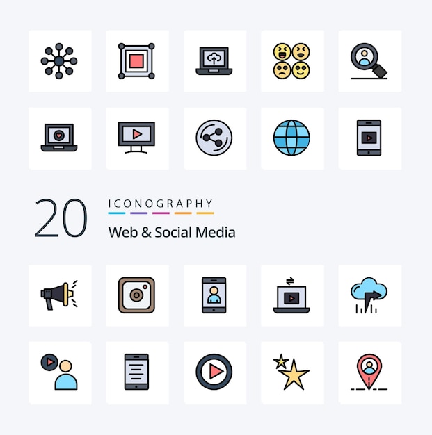 20 Web y línea de medios sociales Icono de color lleno Paquete como reproducir flecha izquierda del usuario reproducir