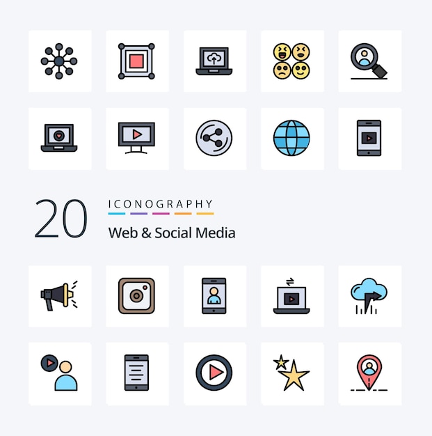 Vector 20 web y línea de medios sociales icono de color lleno paquete como reproducir flecha izquierda del usuario reproducir