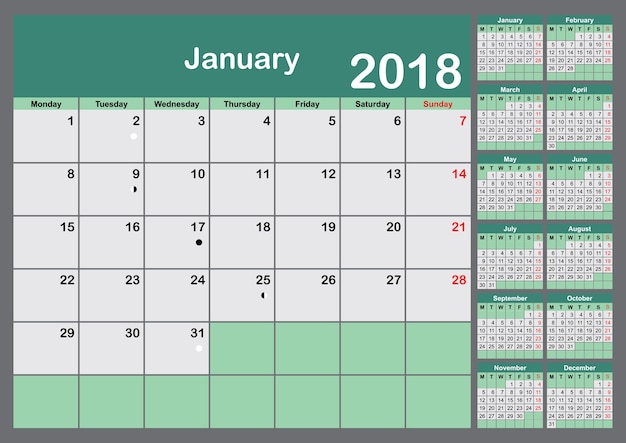 2018 Calendar Planner. La semana comienza el lunes
