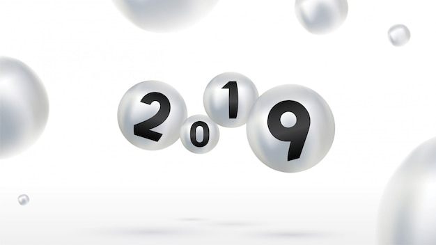 2019 Feliz año nuevo con bolas navideñas de colores o bolas abstractas.