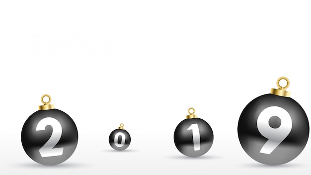2019 Feliz año nuevo con bolas navideñas de colores.