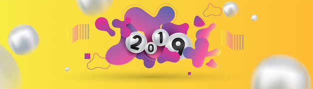 2019 feliz año nuevo con esferas de fluidos dinámicas líquidas.