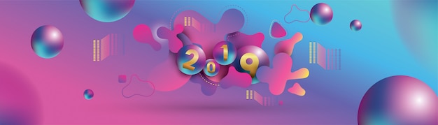 2019 Feliz año nuevo con esferas líquidas dinámicas y bolas de navidad.