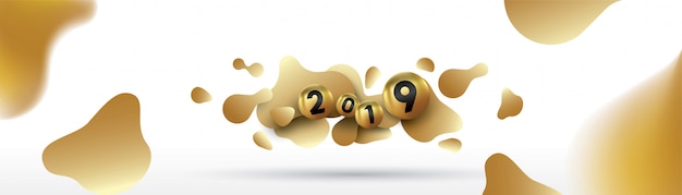 2019 Feliz año nuevo con esferas líquidas dinámicas y bolas de navidad.