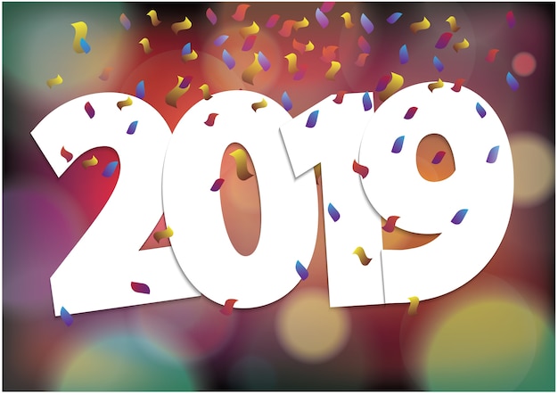 Vector 2019 feliz año nuevo temporada festiva y coloridas luces bokeh