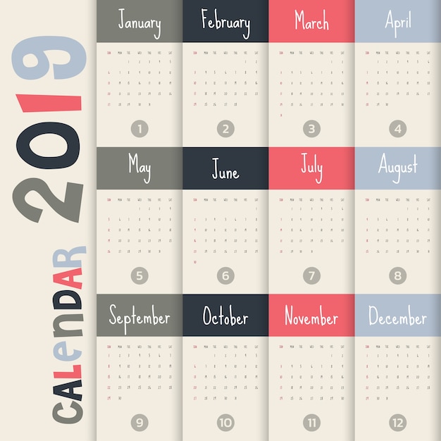 Vector 2019 plantilla de calendario moderno .vector / ilustración.