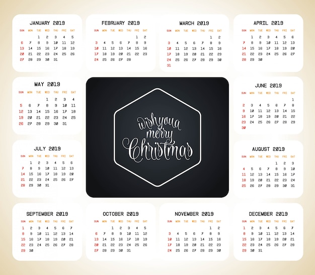 2019 vector de diseño de calendario de navidad