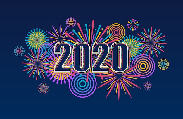 2020 año nuevo banner con fuegos artificiales. Vector de fondo de fuegos artificiales.