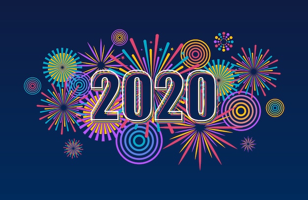 2020 año nuevo banner con fuegos artificiales. vector de fondo de fuegos artificiales.