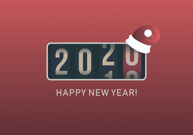 2020 año nuevo. Mostrador analógico con gorro de santa de navidad, diseño de estilo retro. Ilustración vectorial