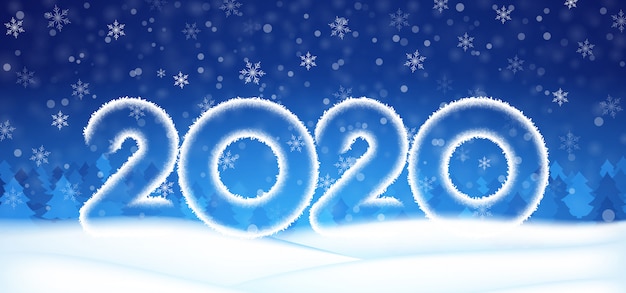2020 año nuevo número texto banner, cielo de invierno con copos de nieve nieve fondo azul.