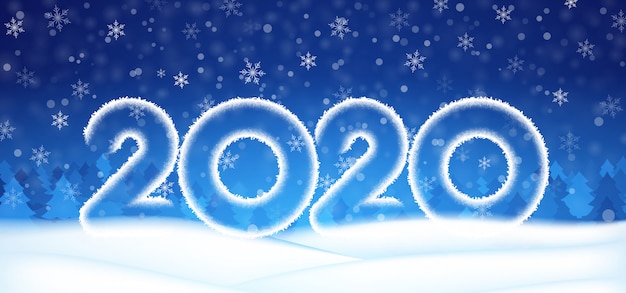 2020 año nuevo número texto banner, cielo de invierno con copos de nieve nieve fondo azul.