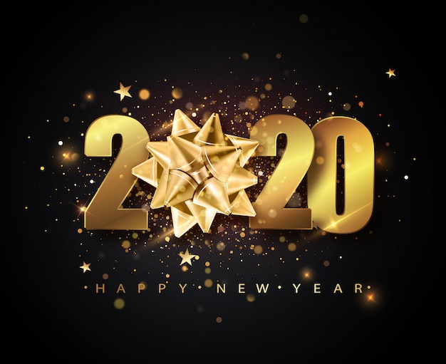 2020 feliz año nuevo con arco de regalo dorado, confeti, números de oro.