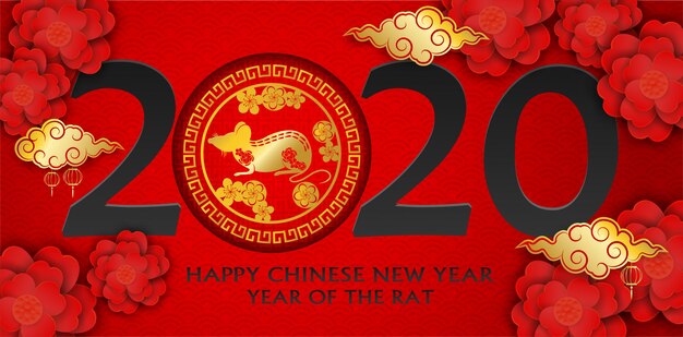 2020 feliz año nuevo chino. Diseño con flores y ratas sobre fondo rojo. feliz año de ratas