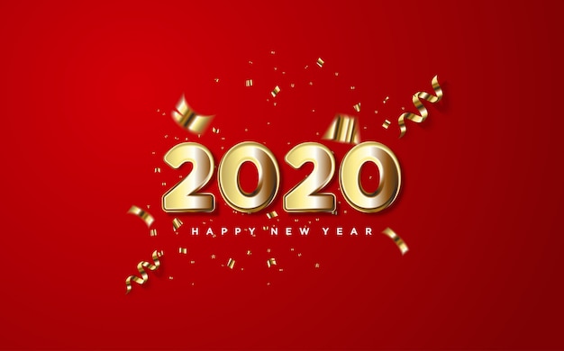 2020 feliz año nuevo con números de oro y trozos de papel dorado en rojo.