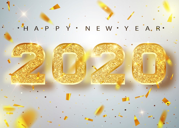 2020 Feliz año nuevo. Tarjeta de felicitación de números dorados de Falling Shiny Confetti. Patrón de oro brillante. Feliz año nuevo Banner con números 2020 en brillante. .