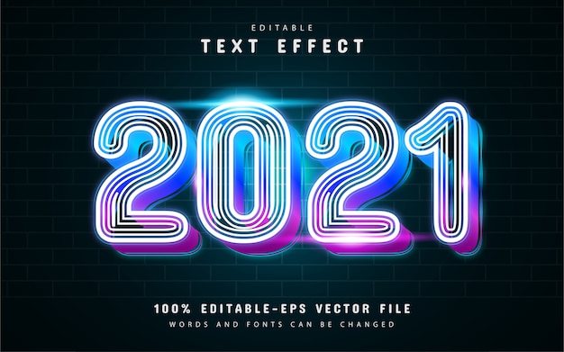 2021 efecto de texto de línea brillante de neón